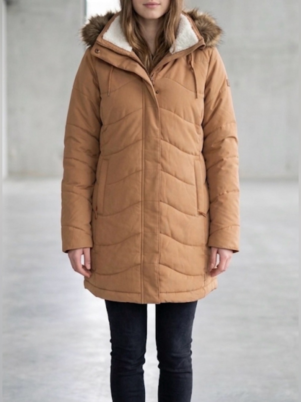 Roxy Women's Tan Puffer Coat with Faux Fur Trim